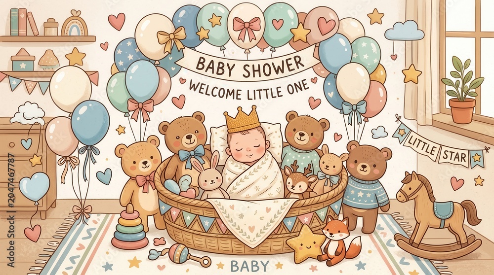 Obraz premium Sleeping baby wearing a crown in a basket with teddy bears, surrounded by baby shower decorations