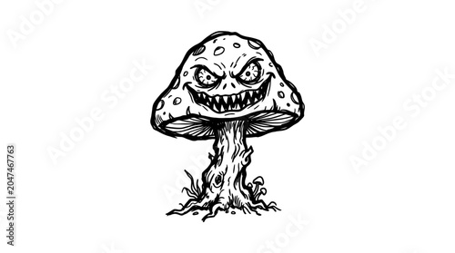 A spooky cartoon mushroom with a menacing face.