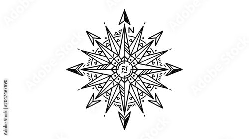 Intricate compass rose navigation symbol design.