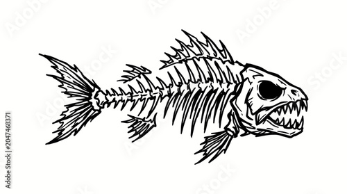 A black and white illustration of a fish skeleton.