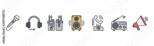 Cuadro en lienzo Communication tools icons featuring Microphone, Headset, Walkie Talkie, Speaker, Telephone, Radio, Megaphone for audio and voice communication