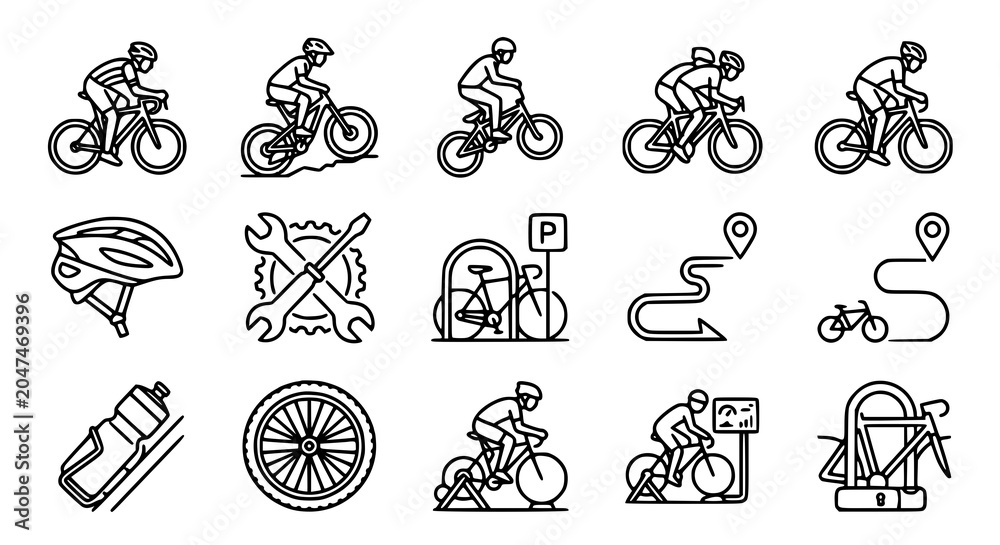 Naklejka premium Cycling and bicycle sports outline icon set vector illustration