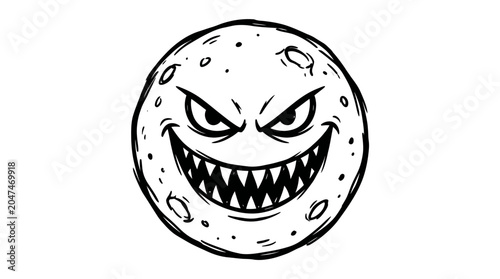 A cartoon moon with a menacing face and sharp teeth.