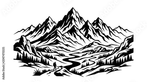 Silhouette of a hiker in a majestic mountain landscape with a winding river.