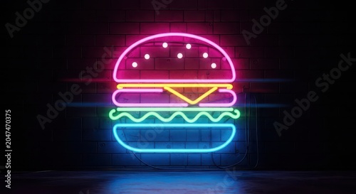 Vibrant neon sign of a burger with pink bun, yellow cheese, green lettuce, and blue patty on brick.