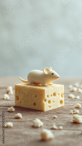 A Whimsical Mouse Figurine on a Chunk of Cheese: A Playful Culinary Delight That Blends Creativity with Minimalism in a Charming Kitchen Display