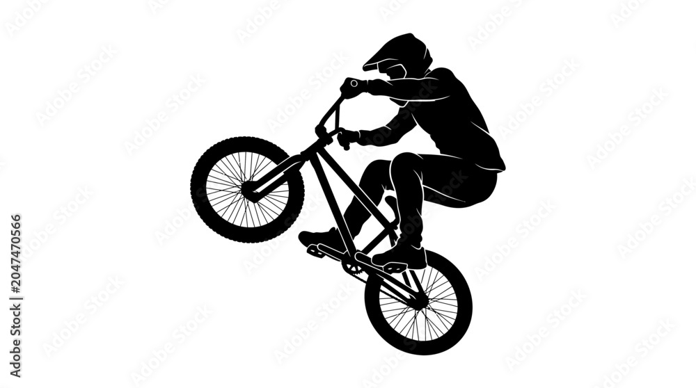 Naklejka premium Riders drawing bow silhouette rides bicycle performing stunt in air