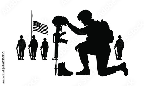 Military remembrance silhouette kneeling soldier honoring fallen comrades with american flag backdrop