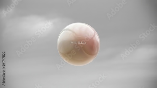 Abstract smooth translucent sphere with the word minimal inscribed on its surface floating in a cloudy atmospheric background