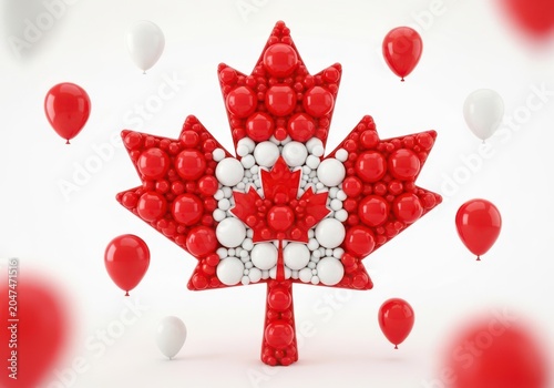 Canadian maple leaf with heart made of bubbles and red balloons illustration