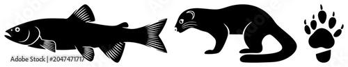 Sharp black silhouette collection featuring a sleek river trout, a lithe marten, and a detailed paw print. This wild animal set includes a water dweller and a forest prowler in clean shapes.