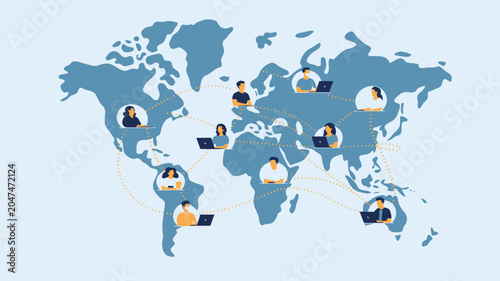 Illustration of people working on laptops connected across the globe on a world map