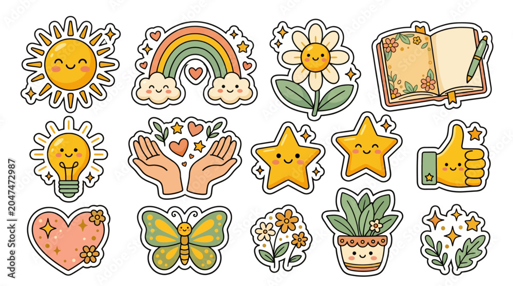 Fototapeta premium Cute kawaii gratitude positivity sticker set sunshine rainbow flower heart sparkle star vector