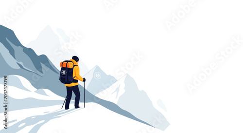 Bilde på lerret Mountaineer Climber Trekking Through Snowy Peak Landscape.