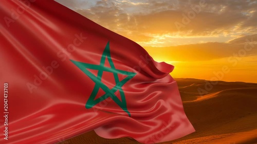 Moroccan flag waving over desert dunes at sunset, red national flag of Morocco with green pentagram, majestic North African landscape background