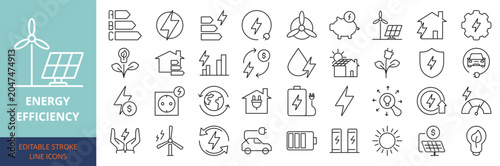 Energy efficiency web banner icon set outline multistyle vector illustrations concept with icon electricity, energy, green, technology, power, environment, efficiency, eco, renewable, ecology