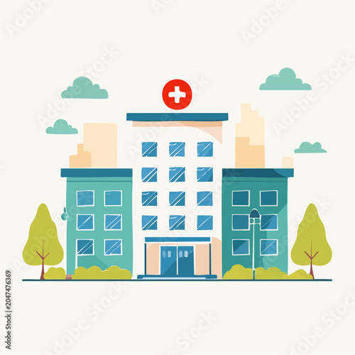 Flat illustration of a modern hospital building with a red cross symbol