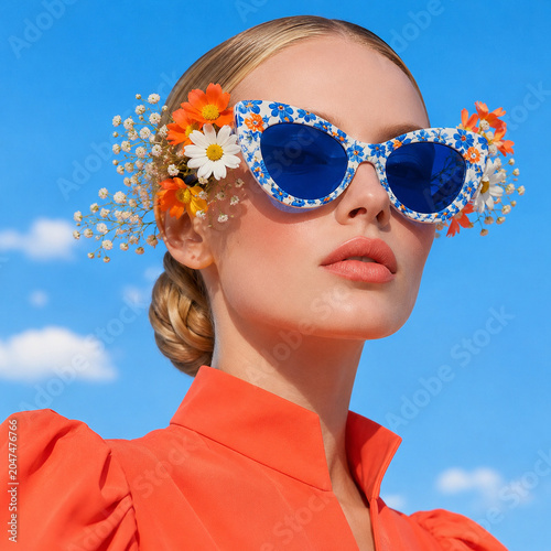 A woman in floral blue sunglasses poses against a bright sky.