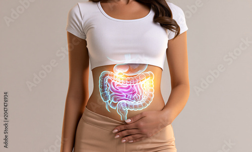 Woman digestive system glowing anatomy neutral background
