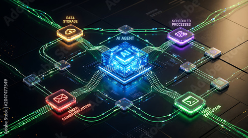 AI Agent Visualizing Complex Data and Information Flow in a Futuristic Digital Network