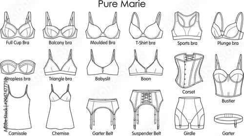 Bild auf Leinwand Types of Bras and Lingerie Fashion Technical Flat Sketch Vector Chart Displaying