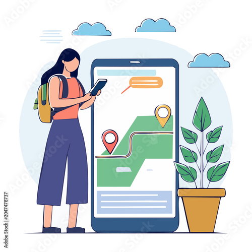 Woman using smartphone navigation app with map and plant