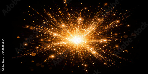 Konstfotografi Explosive Light Burst: A brilliant explosion of golden light emanates from a central point, scattering luminous particles like a cosmic firework, symbolizing energy, creation, or a powerful event
