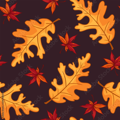 Autumn seamless pattern with oak leaf and maple leaf on dark background. colorful fall foliage texture for textile, wallpaper, wrapping paper and seasonal design