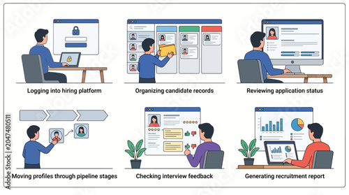 Streamlined recruitment process workflow using applicant tracking software, illustrating candidate management and user interactions for efficient hiring