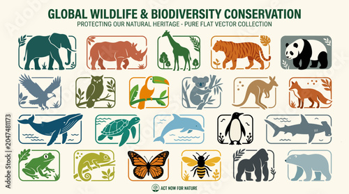 Vibrant flat vector illustrations of diverse global wildlife, emphasizing biodiversity conservation and the critical need for protecting natural heritage across species