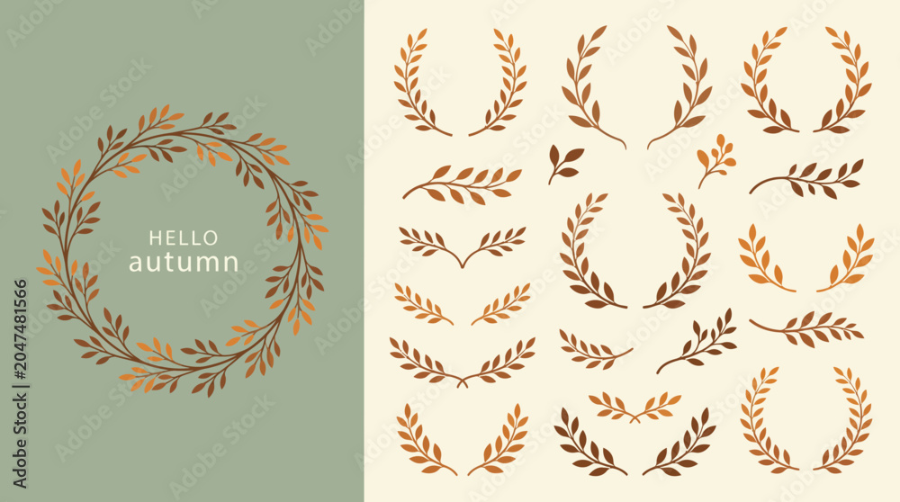 Naklejka premium Autumn wreath and botanical laurel leaf frames set with fall foliage decoration on pastel background