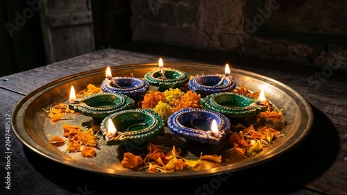 Sacred ritual puja offering on brass plate with colorful ceramic diyas