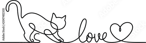 Continuous line of a cat walking next to the word love and a heart shape symbolizing affection and companionship