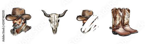 Canvastavla Scenes of the West with a cowboy, a cattle skull, and a pair of boots showing th
