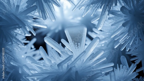 Detailed closeup view of crystalline ice formations and frozen water structures against a dark background