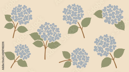 Seamless pattern of blue hydrangea flowers with green leaves on beige background in flat vintage style