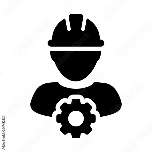 Engineer avatar icon with gear, black solid vector illustration of construction worker with safety helmet for application user profile admin dashboard, technical support team, and maintenance service