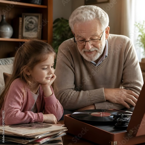 grandfather and granddaughter having a nostalgic moment  while listening to a record player