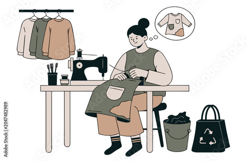 Woman sewing garment with patch during mindful textile repair against soft background