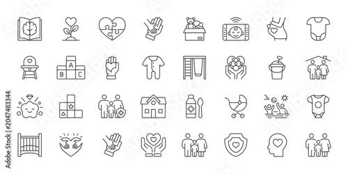 Childcare icons in line design. childcare, children, care, parenting, family, babysitting, development on white background vector. Childcare editable stroke icon