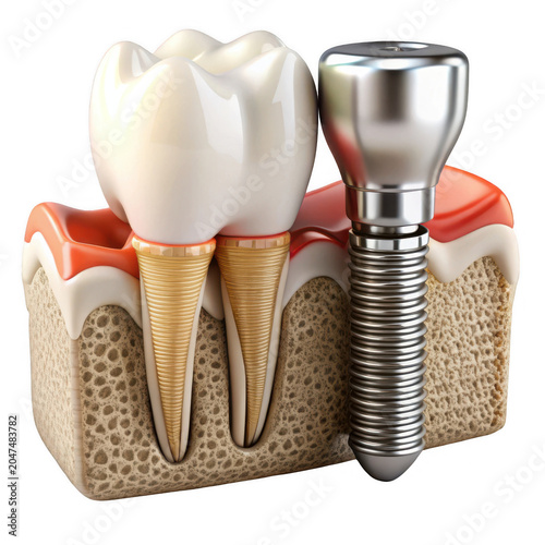 Detailed dental implant with natural tooth comparison