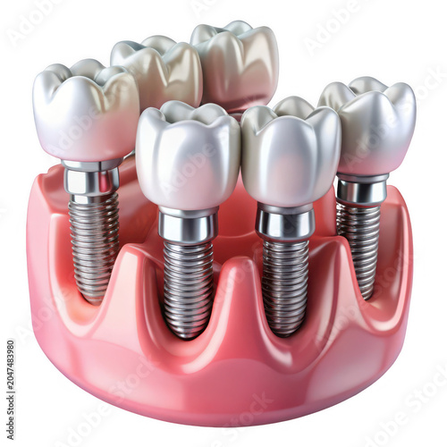 Dental implants with shiny silver screws and white crowns on pink gum