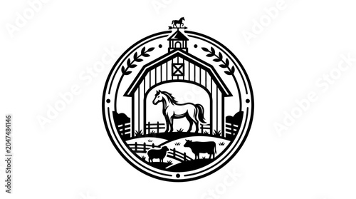 Quadro su tela Horse standing in a barn doorway.