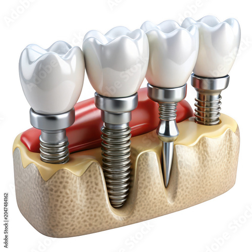 Dental implants with crowns on jawbone model