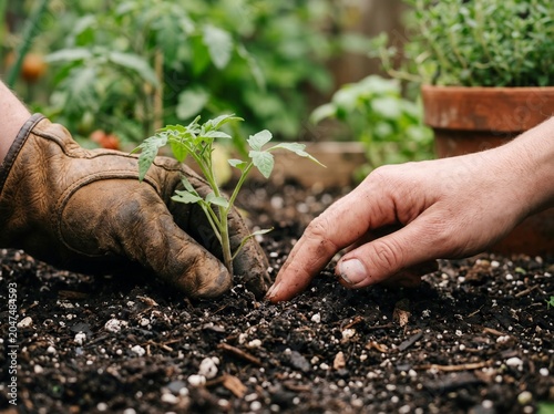 Hands planting a small tomato seedling in garden soil