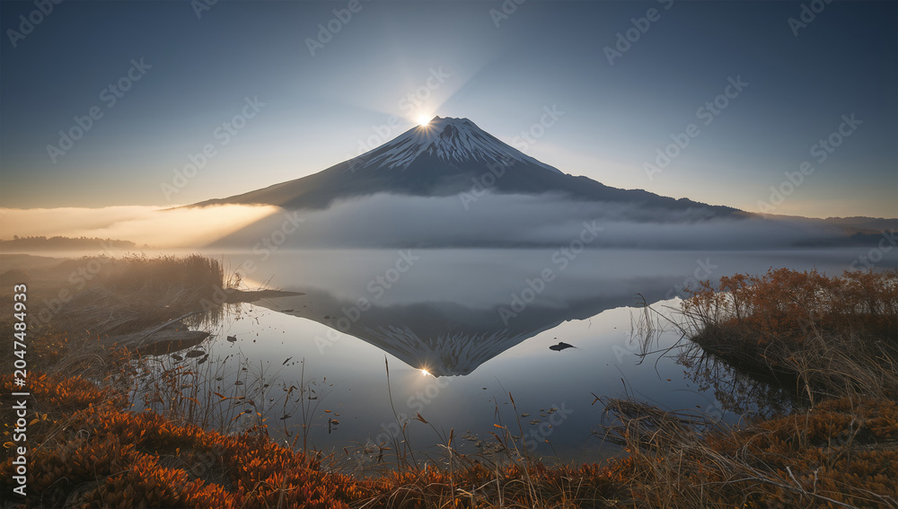 Fototapeta premium 雲海の上に朝日を受けた富士山が湖面へ映る壮大な写真