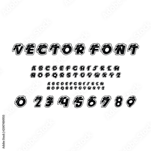 Bold vector font with comic style outline alphabet and numbers set