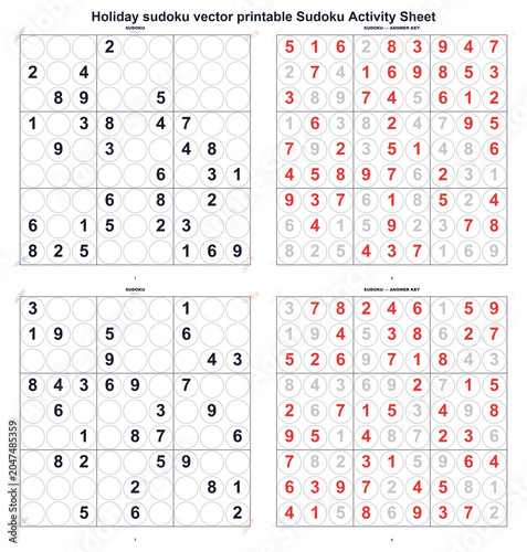 Holiday sudoku vector printable Sudoku Activity Sheet. Medium difficulty 2-puzzle set with solutions. Printable worksheet for students and teachers