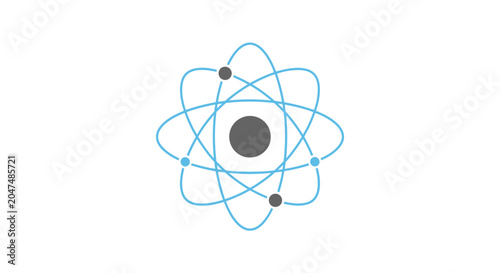 Minimalist scientific atom icon with blue orbits and gray nucleus
