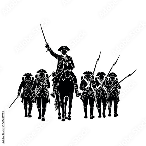 Schilderij op canvas Silhouette of a Revolutionary War General on Horseback Leading Soldiers